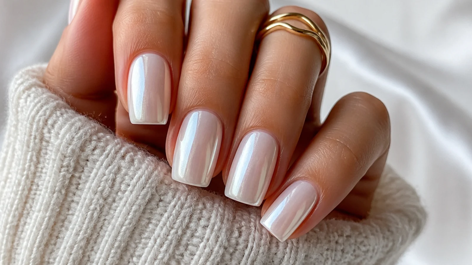Opaque pearl white chrome nails with a full milky sheen on square nails