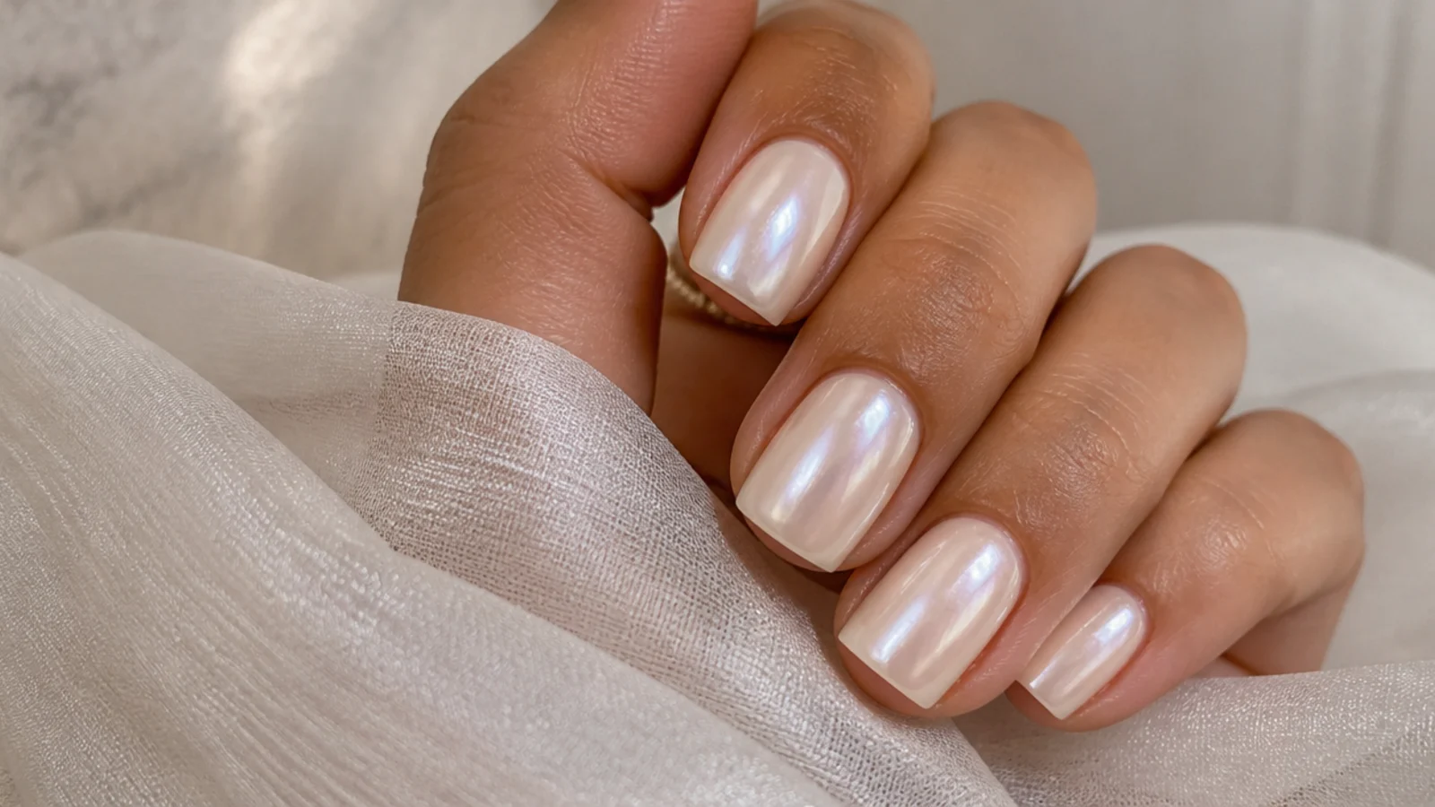 Milky nude white chrome nails with a soft pearl wash on short nails
