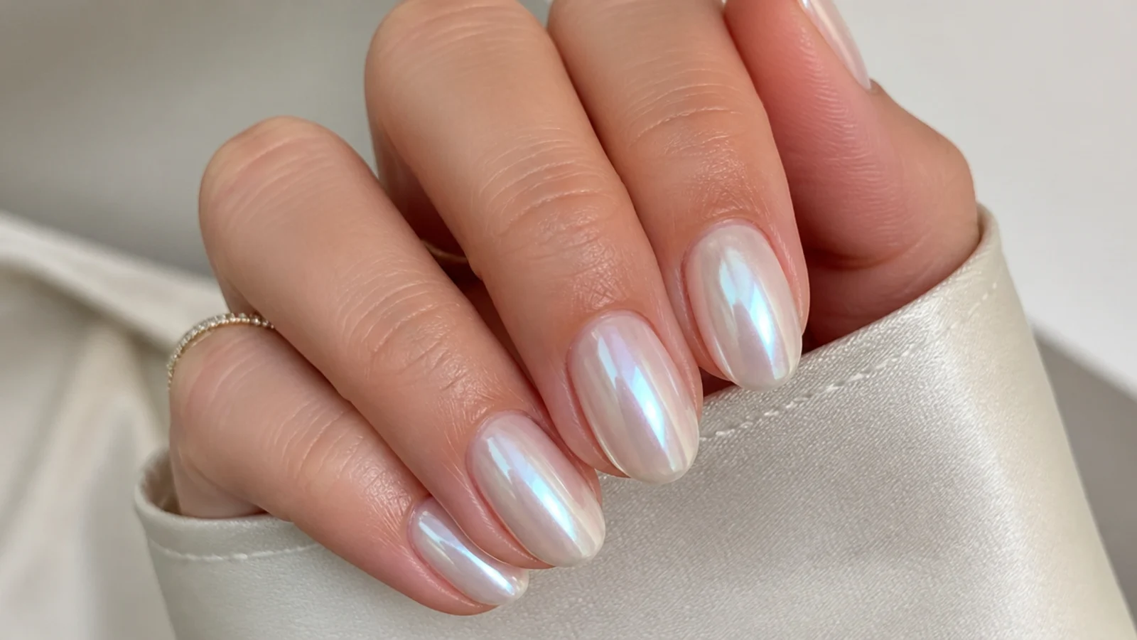 Nearly clear sheer white chrome nails with a glassy pearl finish on oval nails