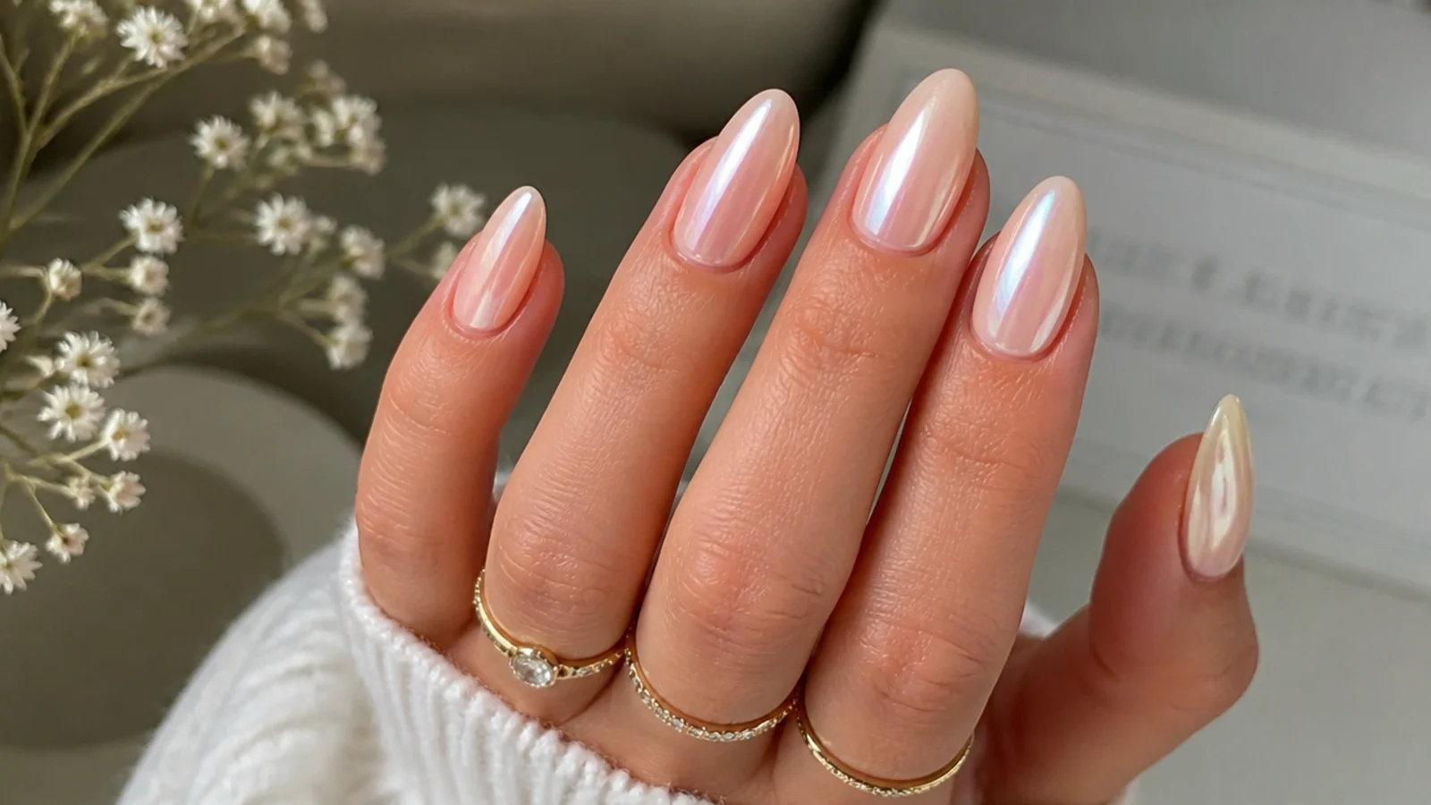Soft pink pearl white chrome nails with a warm glazed glow on almond nails