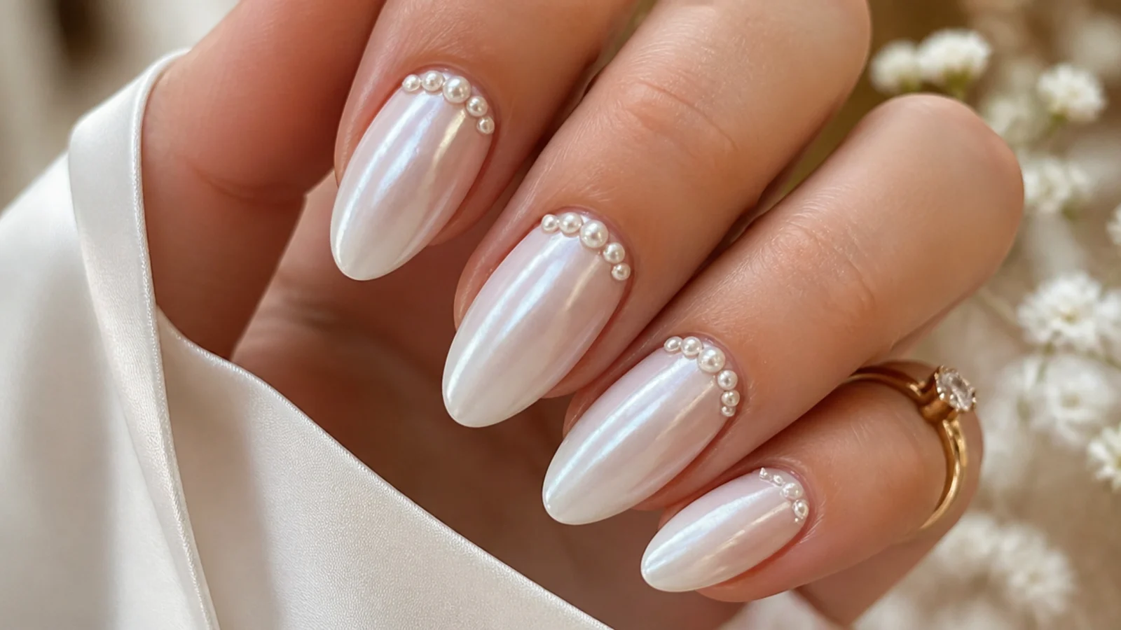 Bridal white chrome nails in soft pearl with tiny pearl bead accents