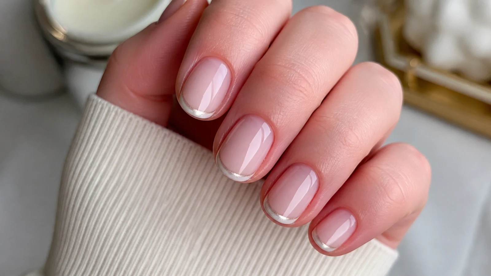 Micro French white chrome nails with a thin pearl chrome tip on short nails