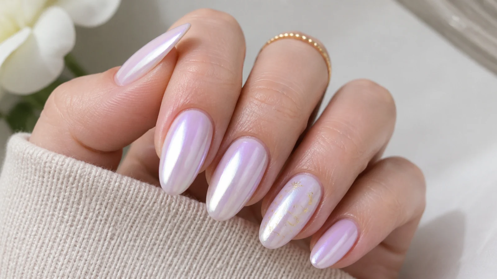 Soft lavender white chrome nails with a cool pearl shimmer on almond nails