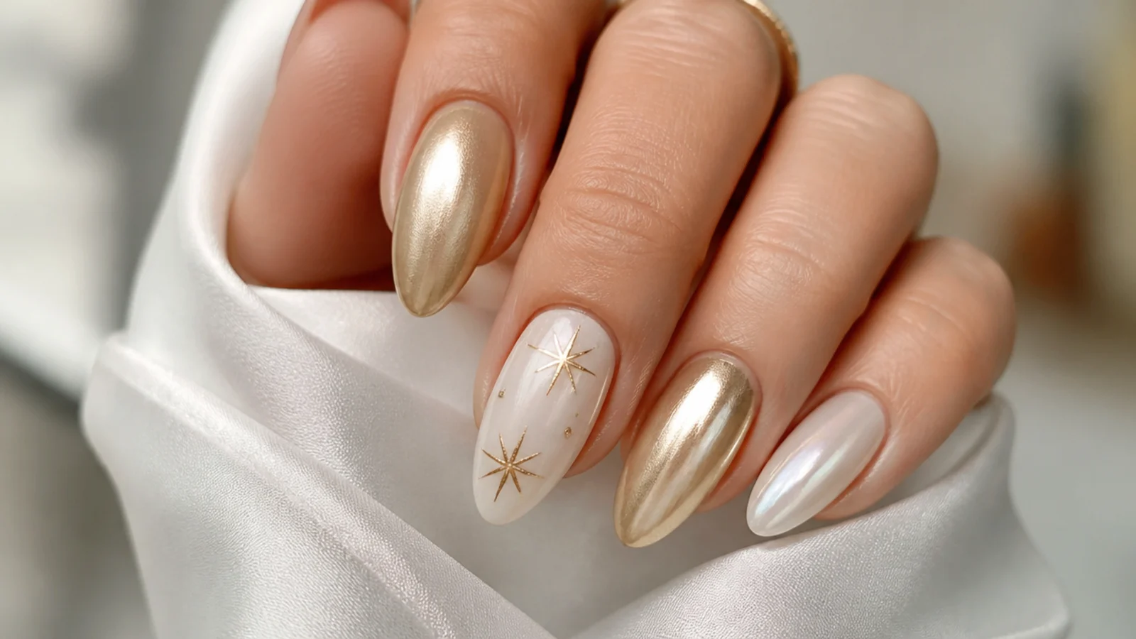 Warm champagne gold white chrome nails with a soft pearl glow