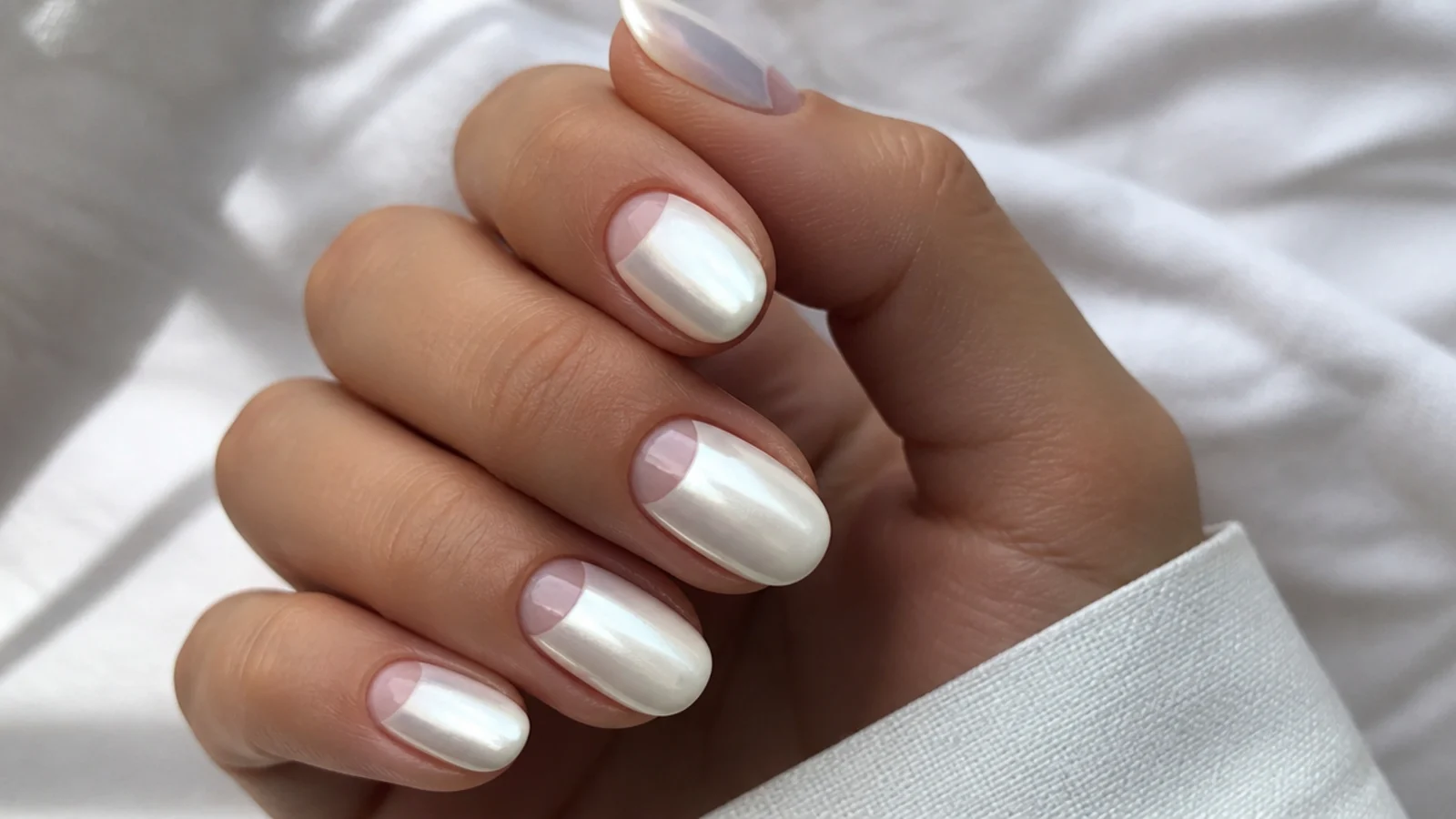 White chrome nails with a negative-space half-moon at the cuticle