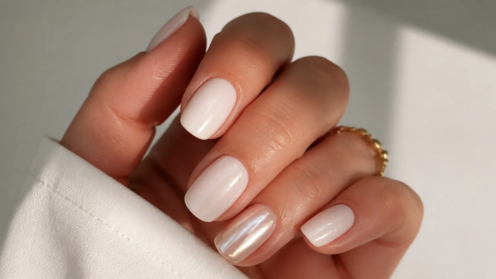 Milky white nails with one pearl chrome accent nail on the ring finger