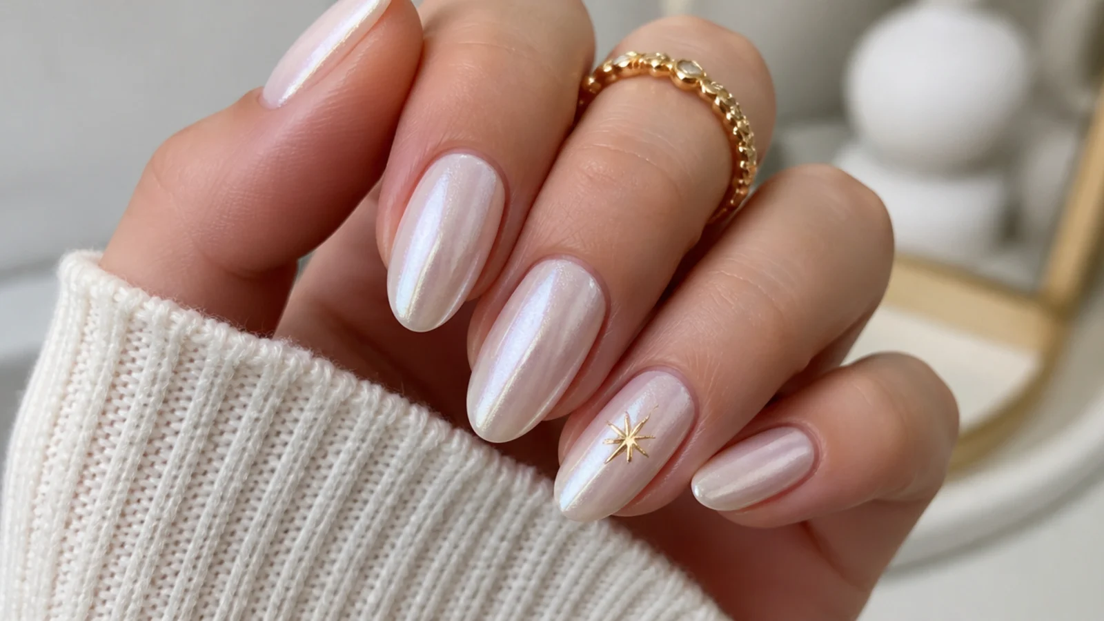 Pearl white chrome nails with a tiny gold star decal on one accent nail