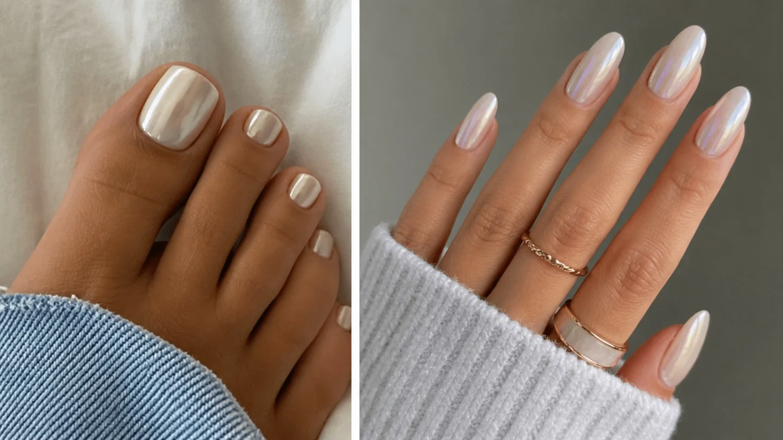 Pedicure with milky white chrome toe nails and a soft pearl glow