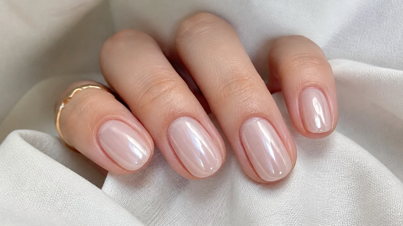 Sheer glazed-donut white chrome nails with a wet pearl shine on natural nails