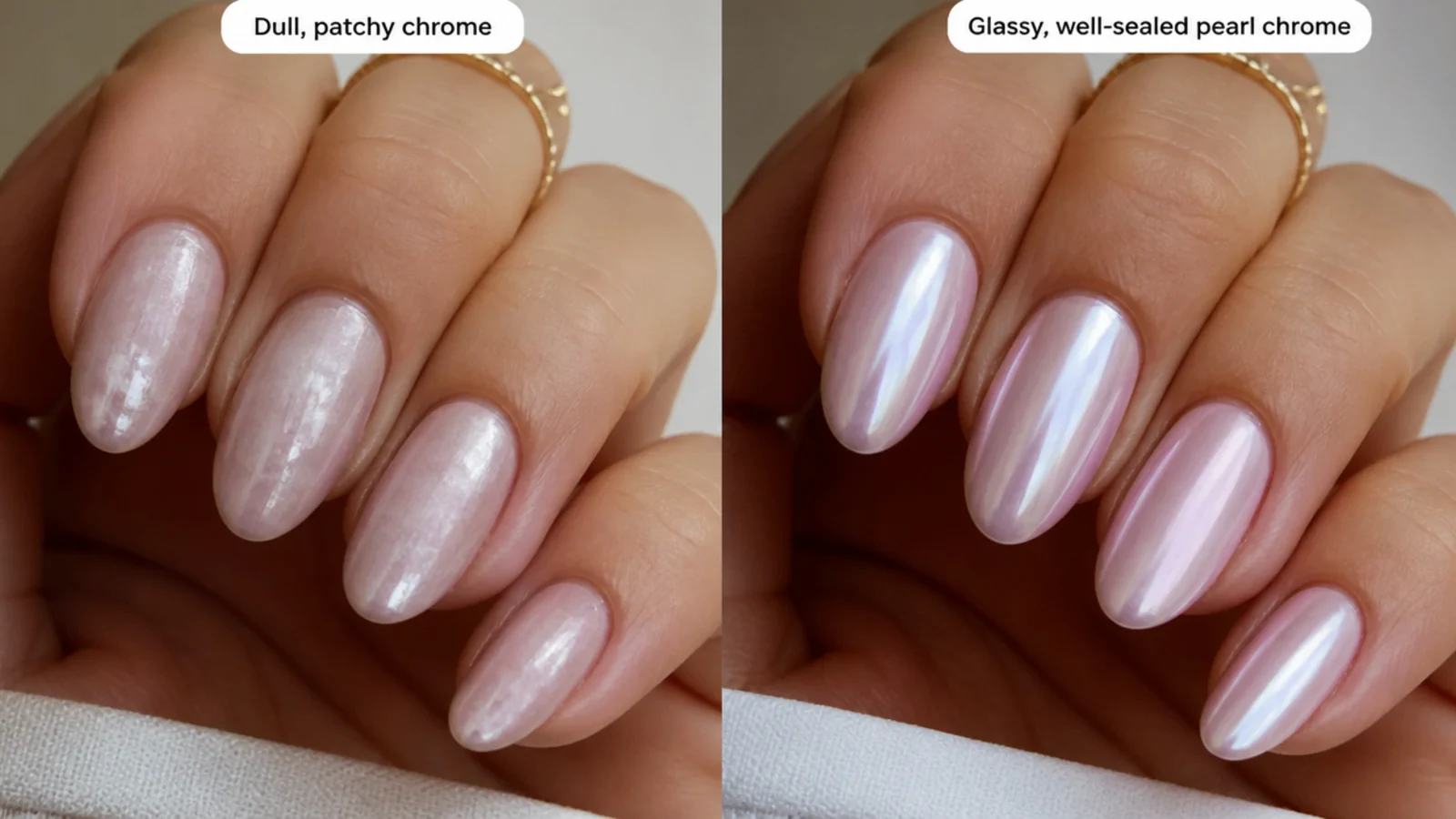 A dull, patchy chrome nail beside a glassy, well-sealed pearl chrome nail