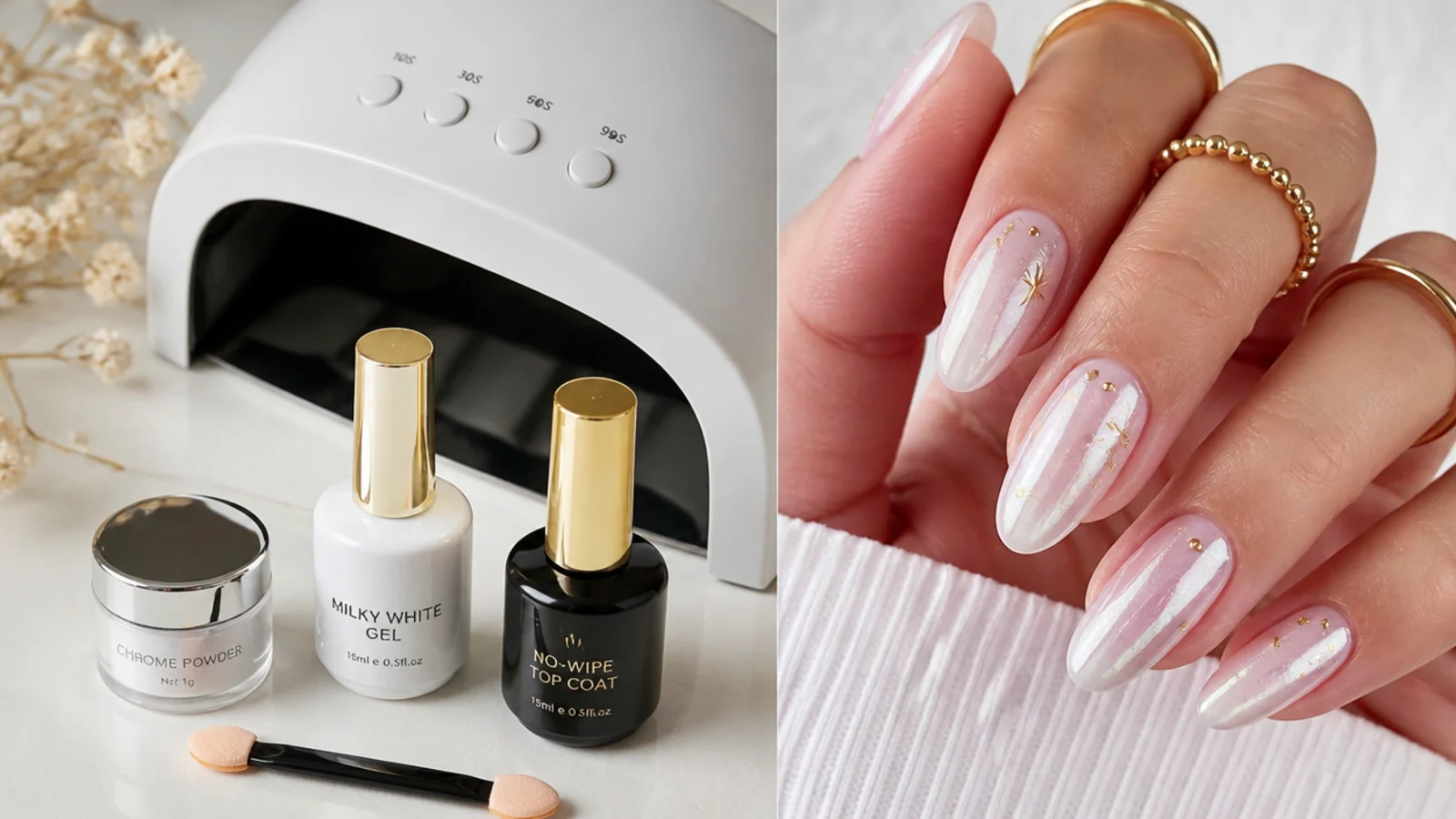 Flat lay of chrome powder, milky-white gel, no-wipe top coat, lamp and applicator