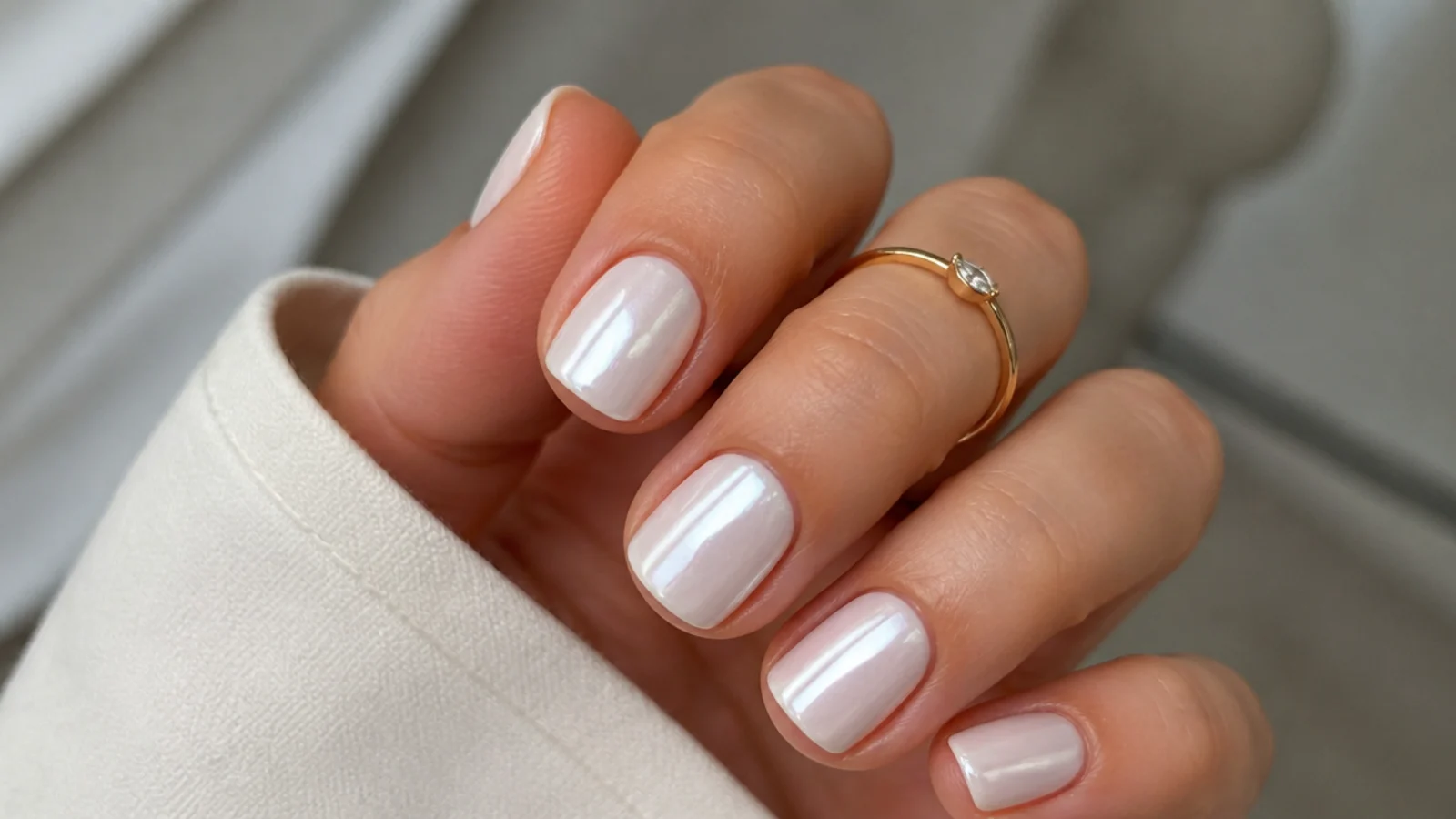 Short squoval pearl white chrome nails with a glassy milky finish