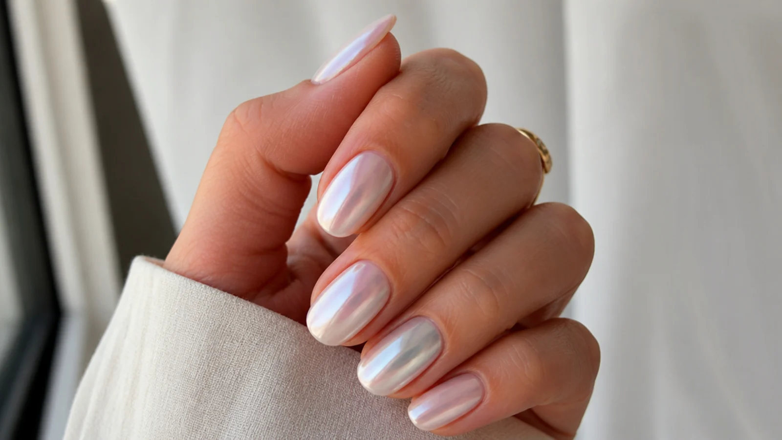 Medium oval milky pearl white chrome nails with a soft glow