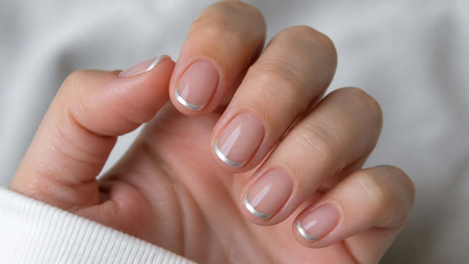 Short nails with a thin pearl white chrome micro French tip