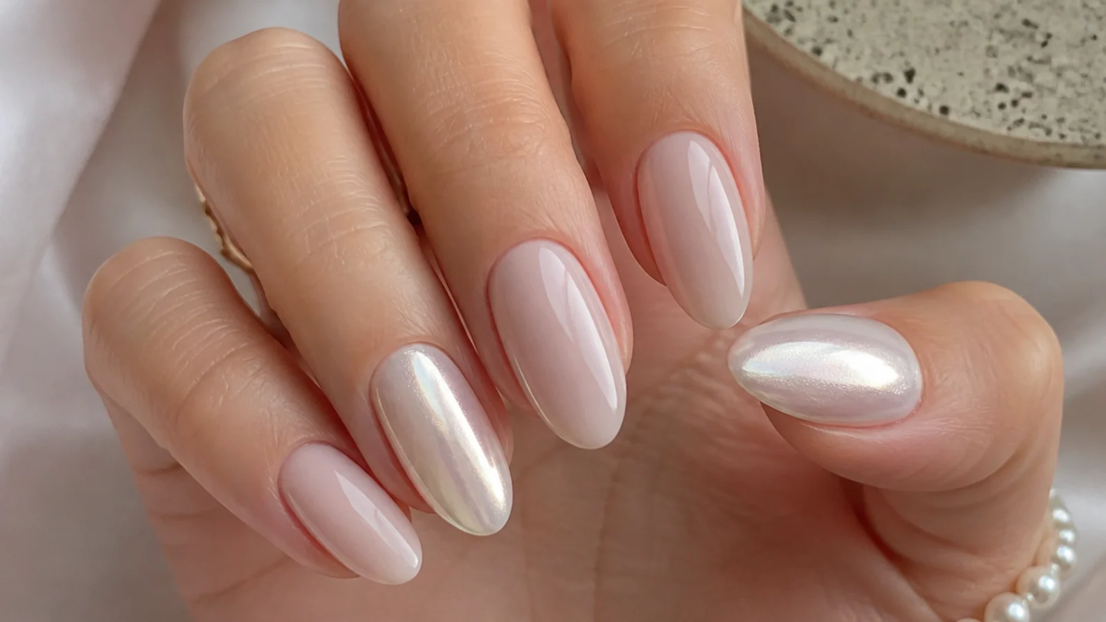 Milky nude nails with two pearl white chrome accent nails