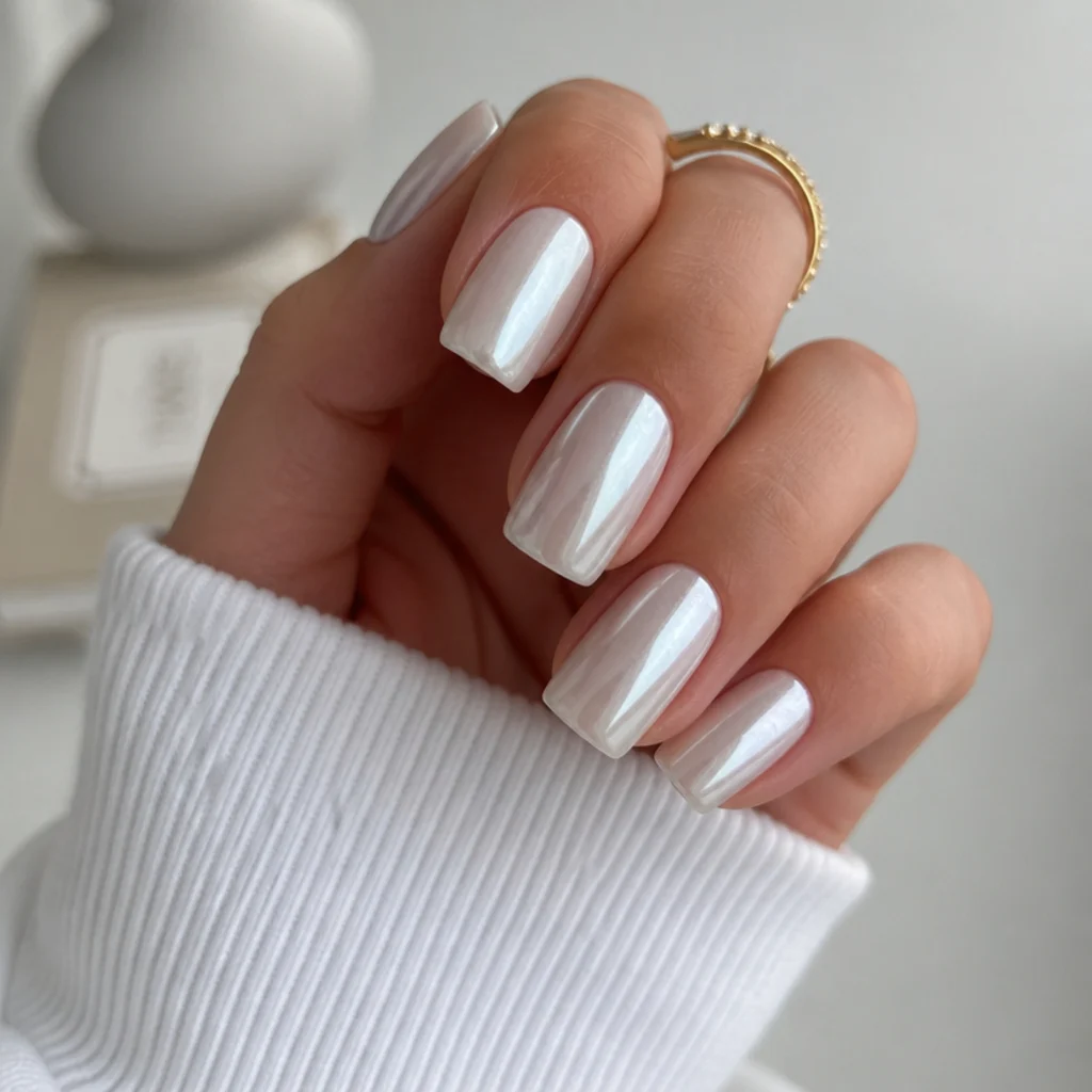 Medium square pearl white chrome nails with a clean glassy finish