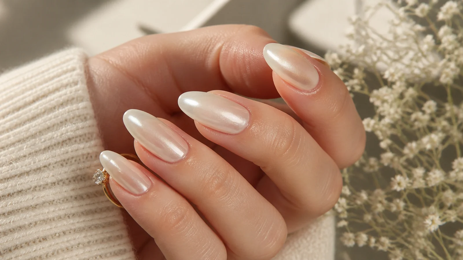 Warm off-white cream pearl chrome nails on an almond shape
