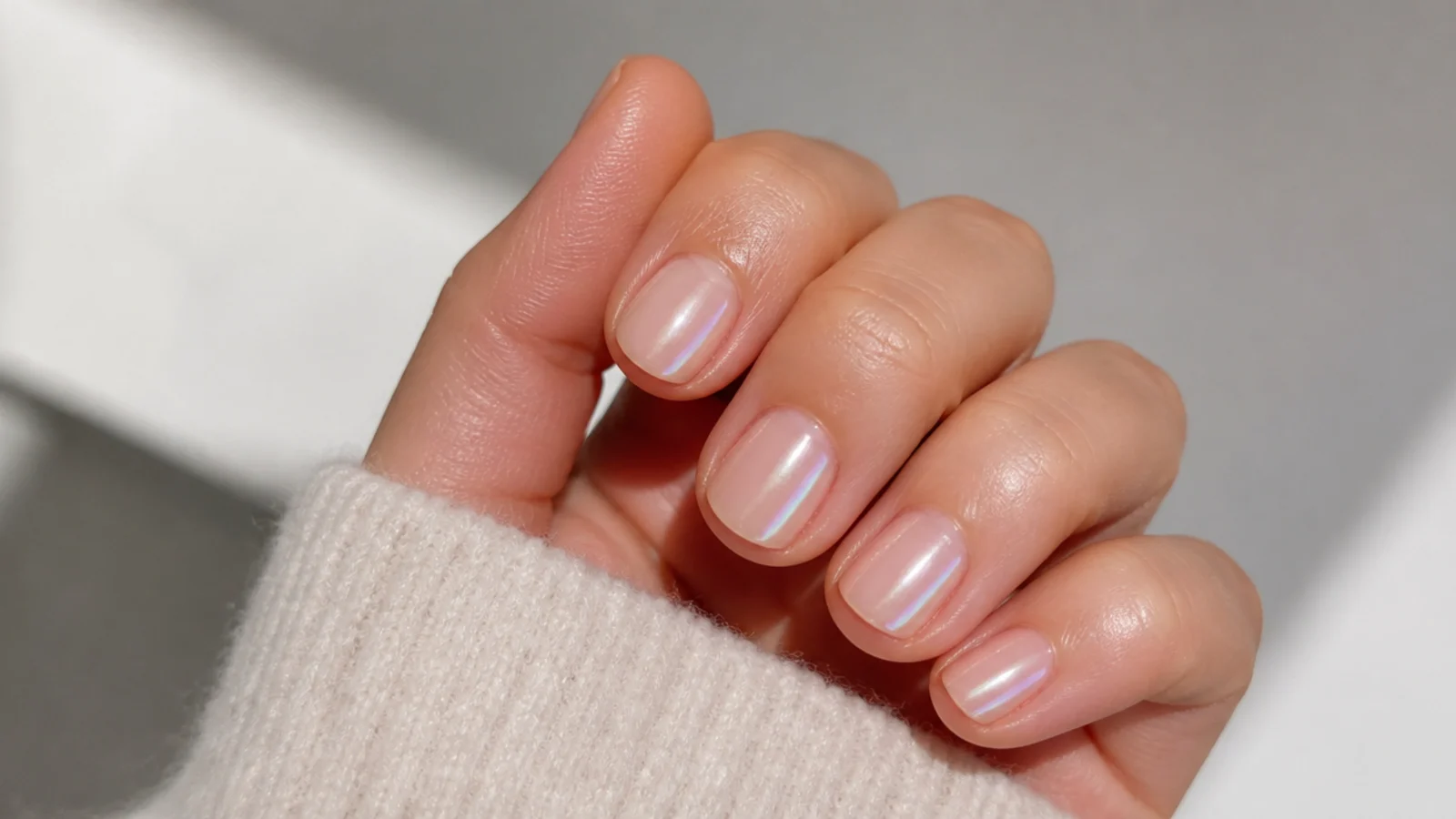 Very short natural nails with a subtle milky pearl chrome glaze
