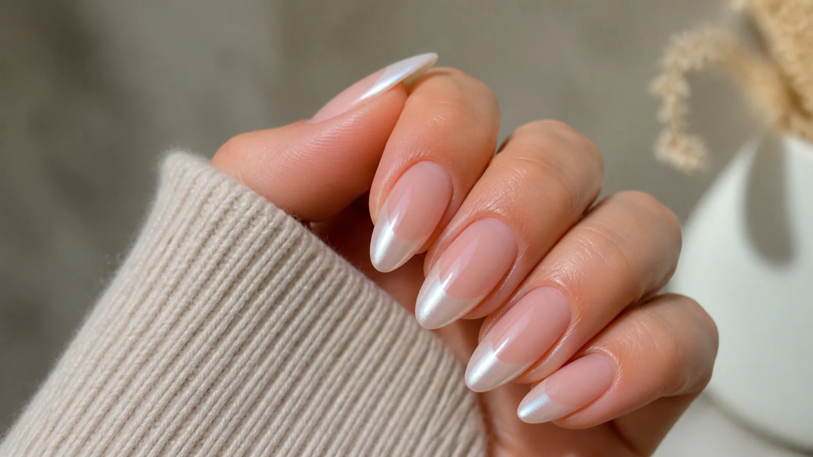 Nude almond nails with a diffused pearl white chrome tip fade