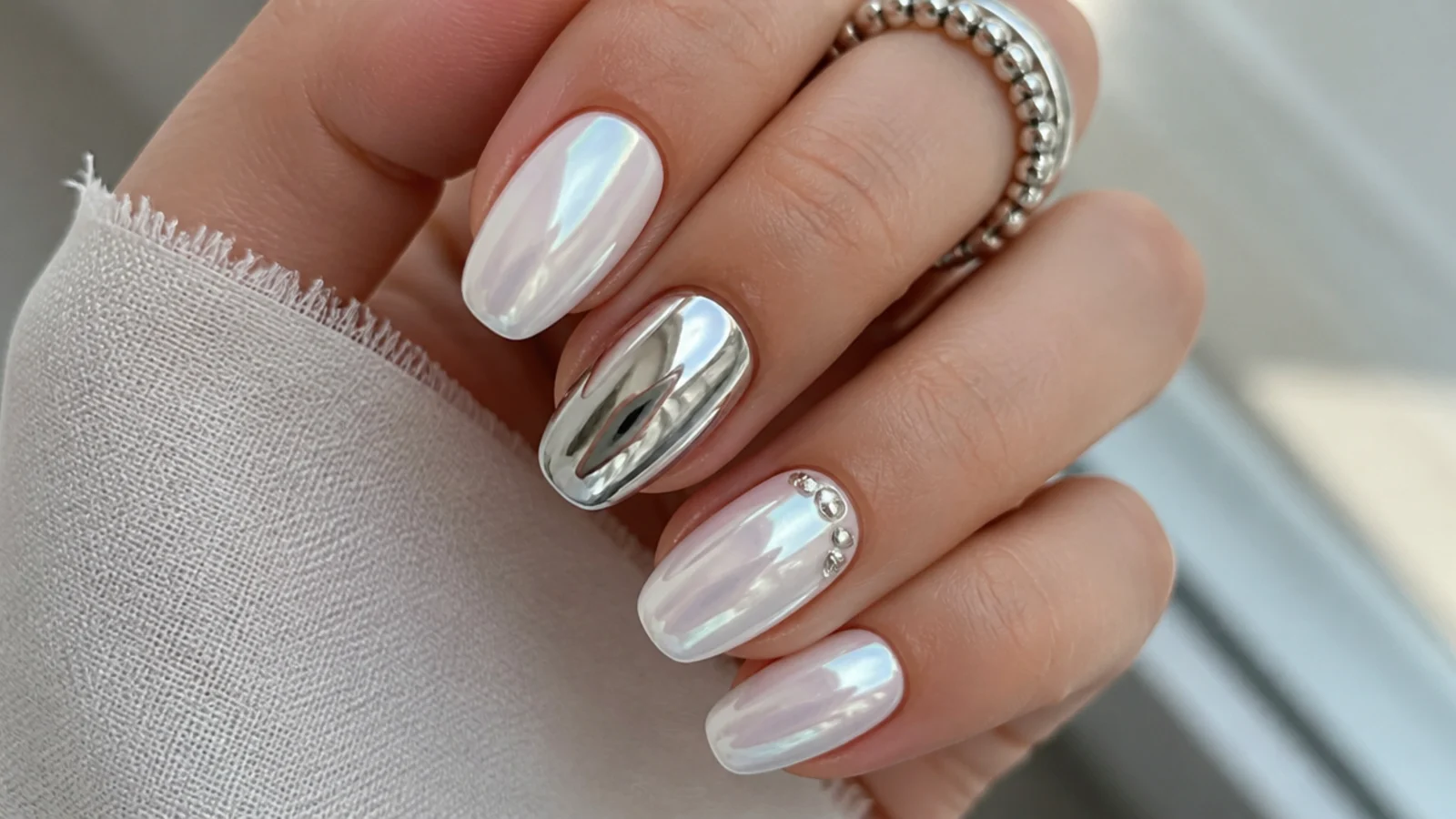 Mixed manicure with soft white pearl chrome and bright silver mirror accent nails