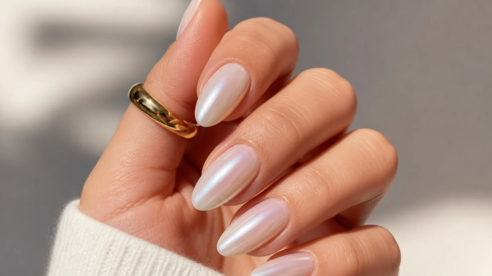Close-up of glassy pearl glazed-donut chrome on a milky almond nail