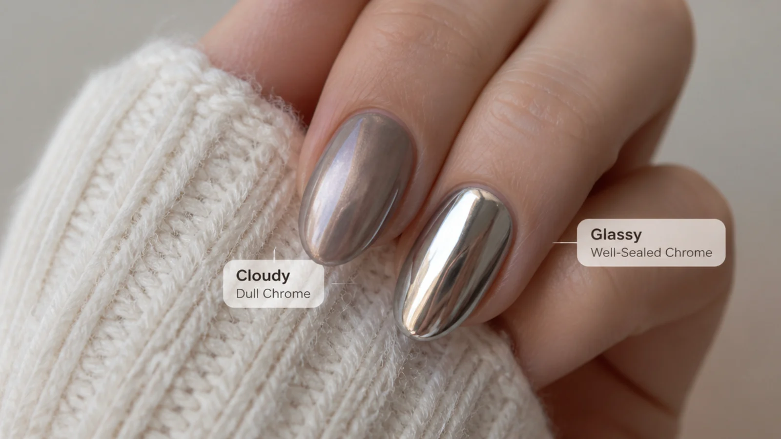 A cloudy dull chrome nail next to a glassy well-sealed chrome nail