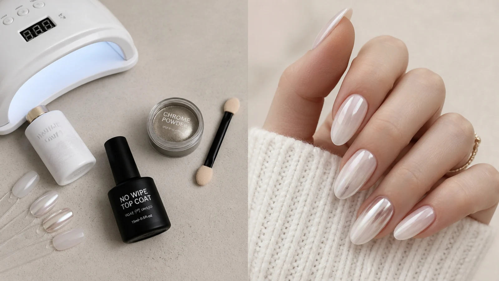 Flat lay of milky gel, chrome powder, applicator, lamp and no-wipe top coat