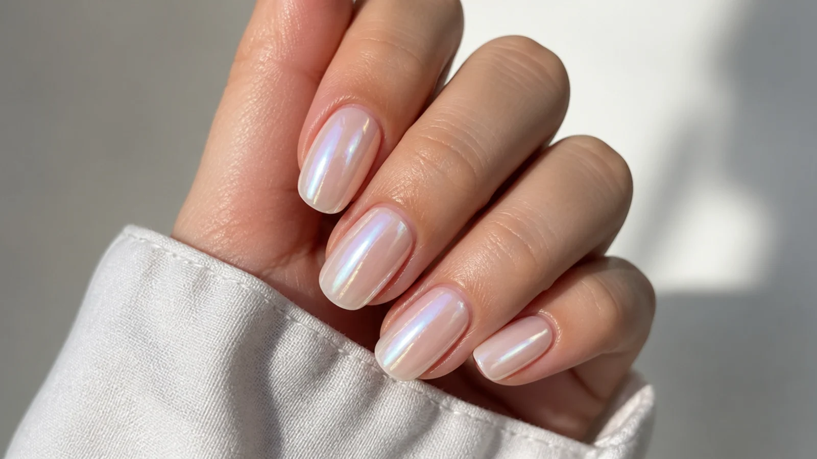 A close-up of soft milky pearl glazed-donut nails catching the light
