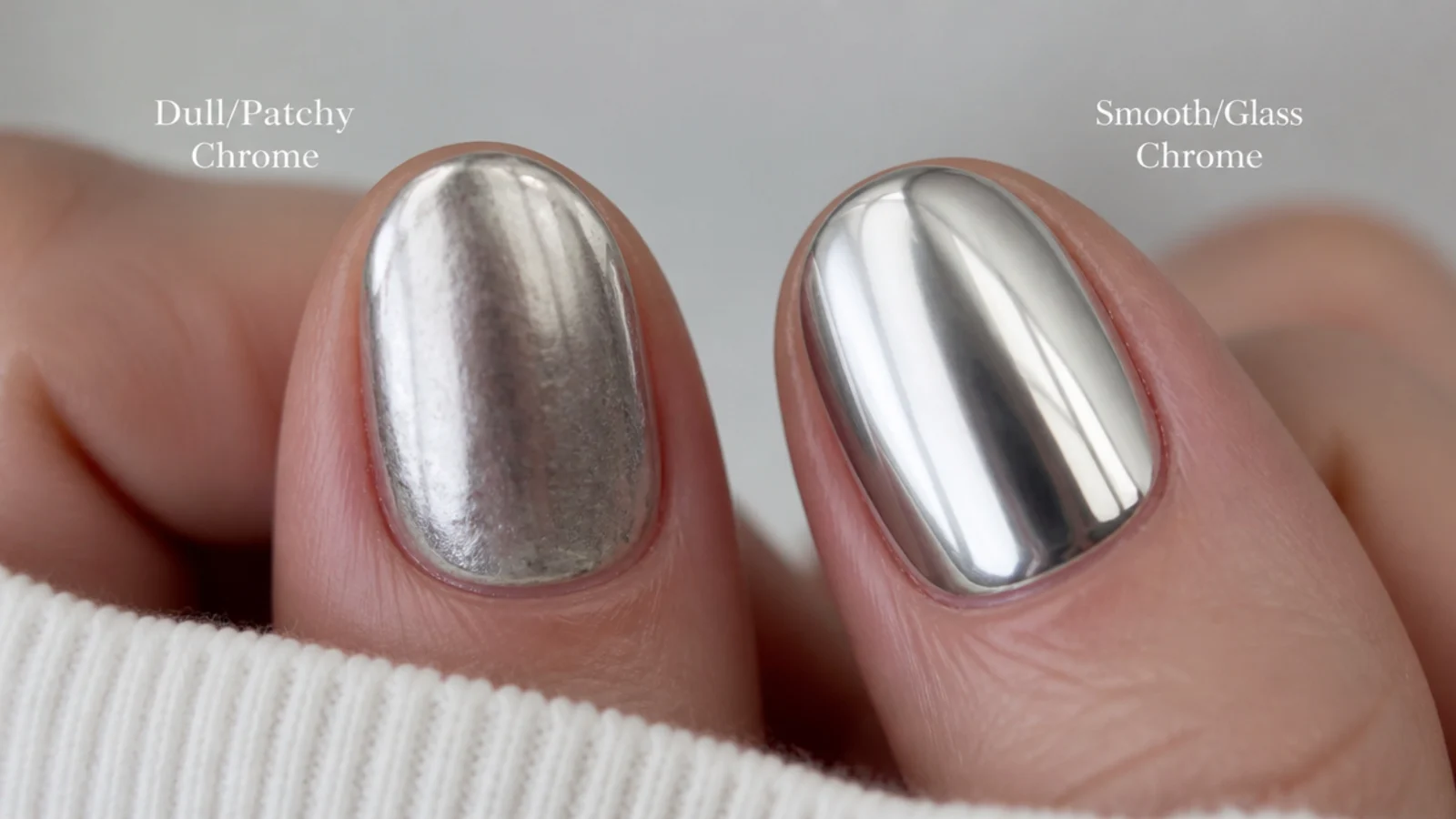 A dull patchy chrome nail beside a smooth glassy one for comparison