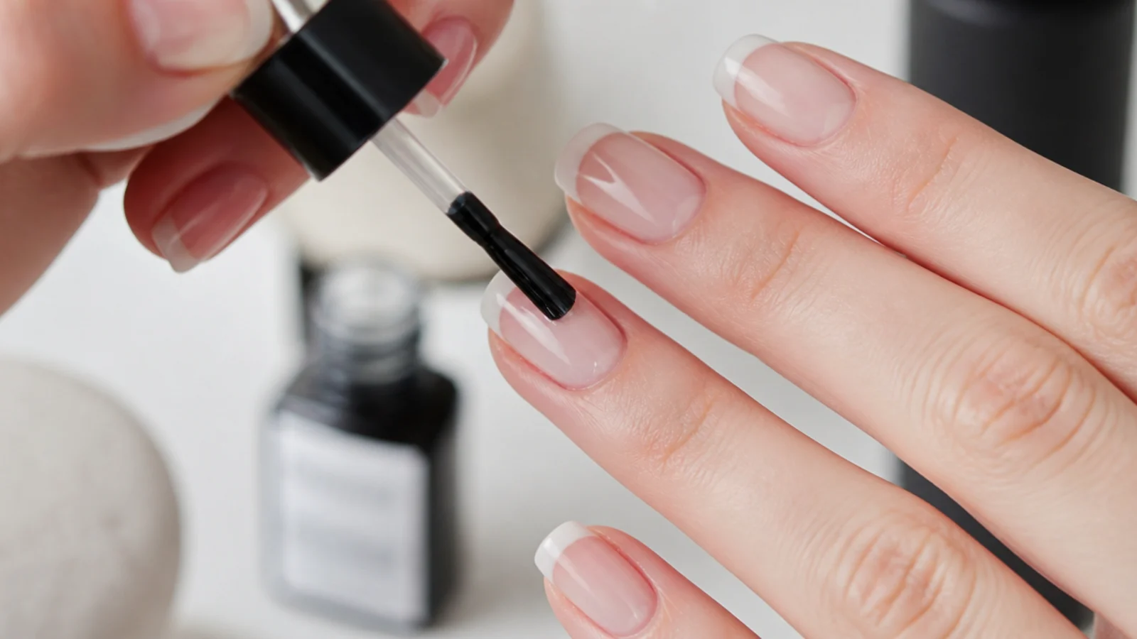 A thin gel base coat being applied to a prepped nail
