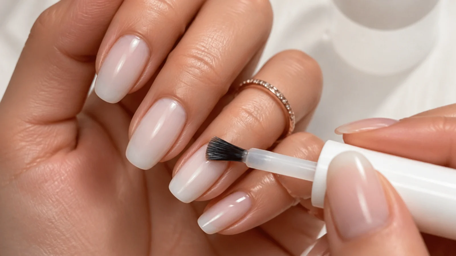 A sheer milky-white gel color being painted over the whole nail