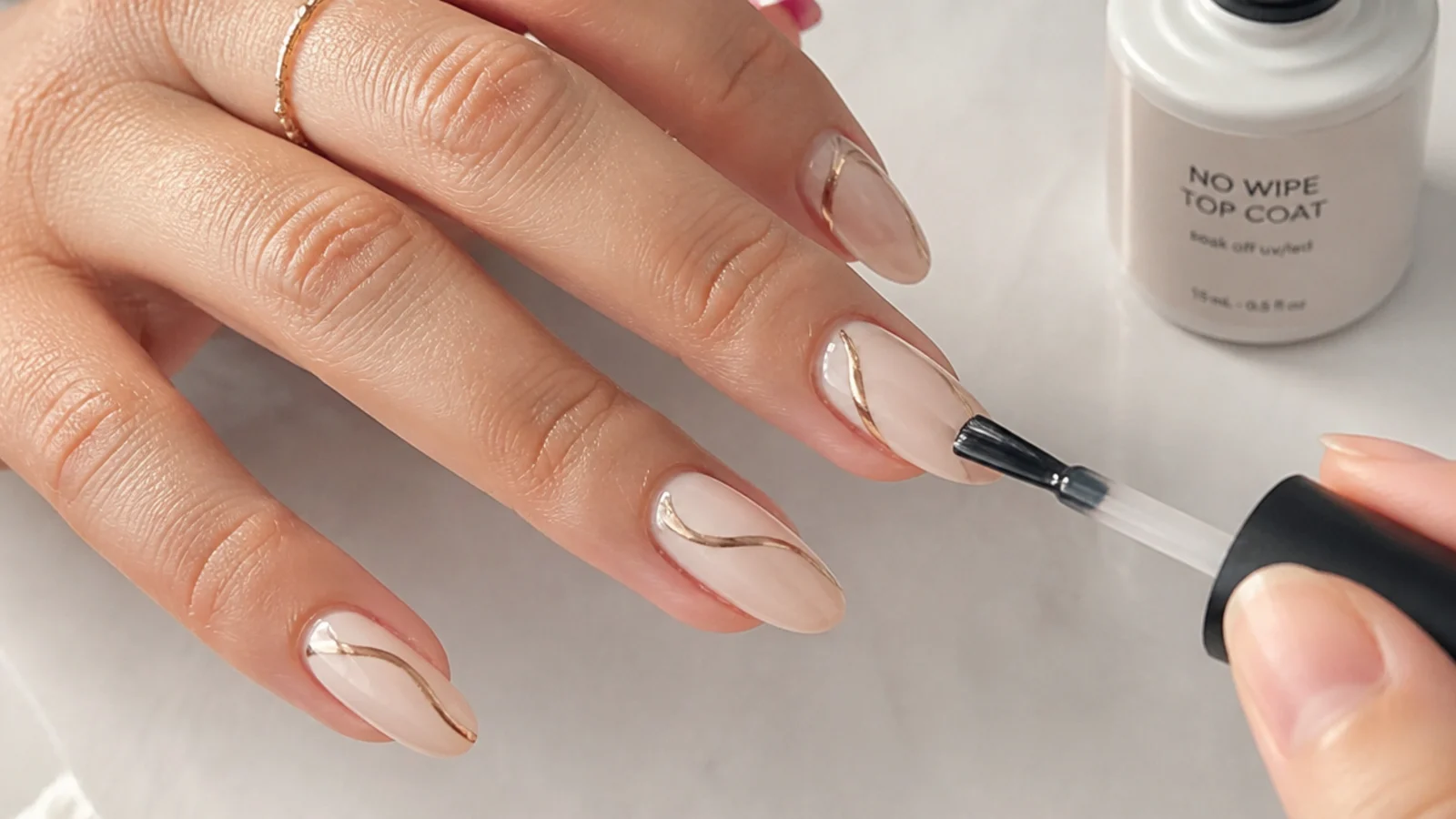 A glossy no-wipe gel top coat being cured over the milky base