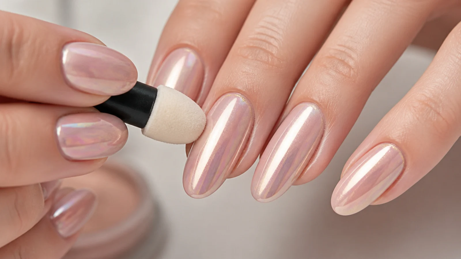 A soft applicator buffing away loose chrome powder to reveal an even sheen