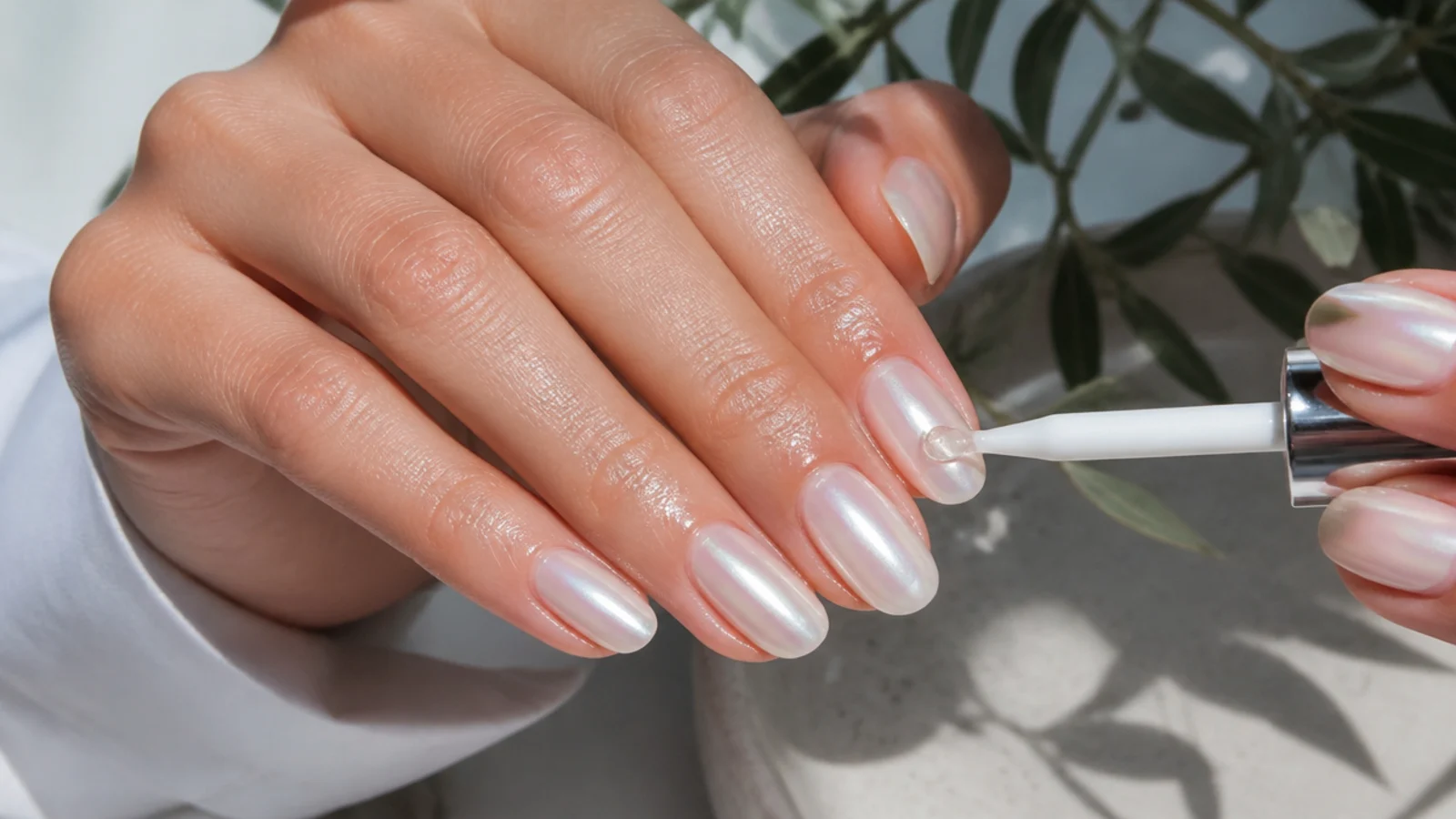 Cuticle oil being massaged around finished glassy white chrome nails
