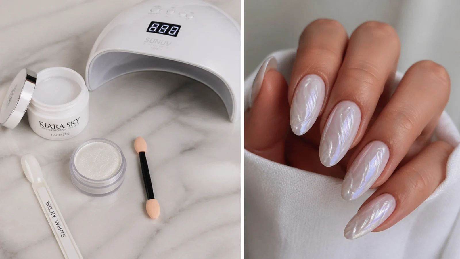 White chrome supplies laid out - milky gel, pearl chrome powder, applicator and lamp