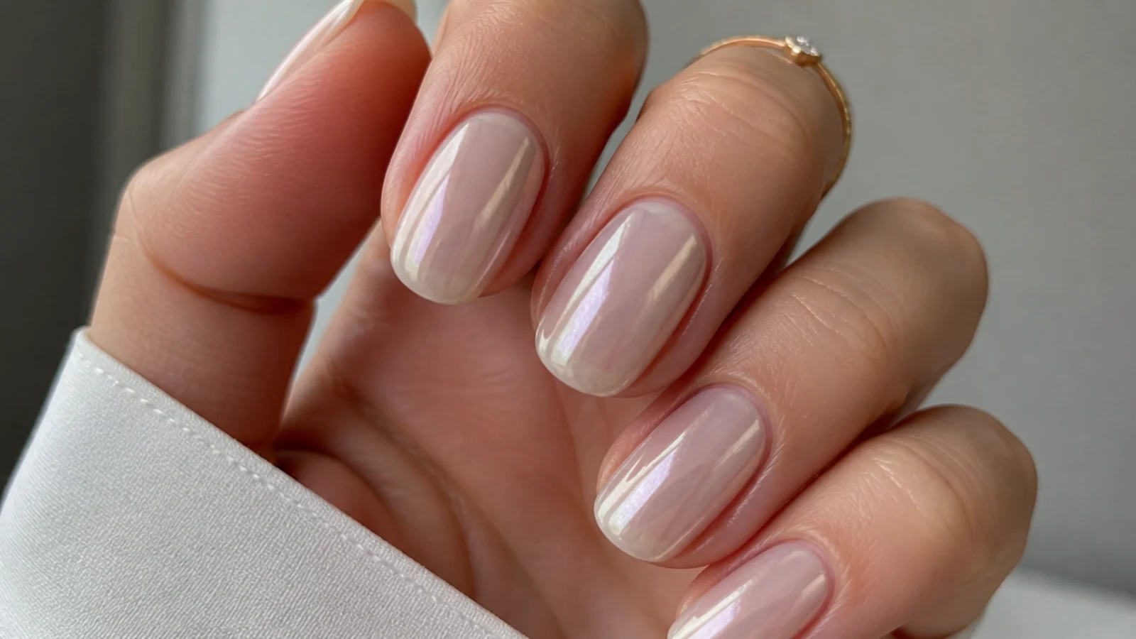 Barely-there milky white chrome nails with a soft pearl wash