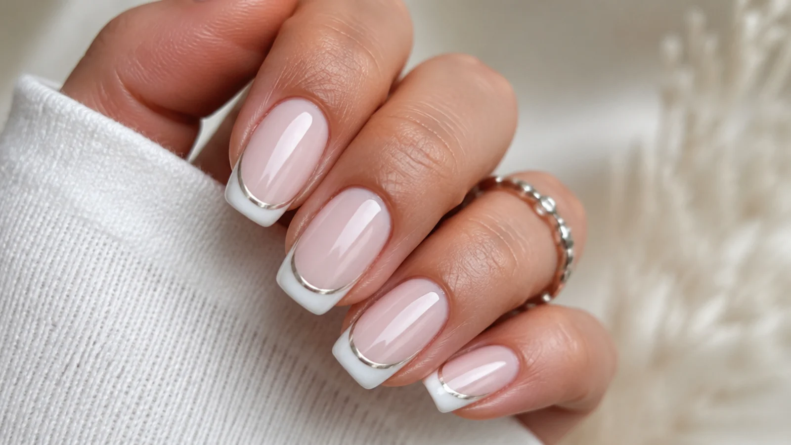 Milky white chrome French tip nails with a pearl chromed smile line