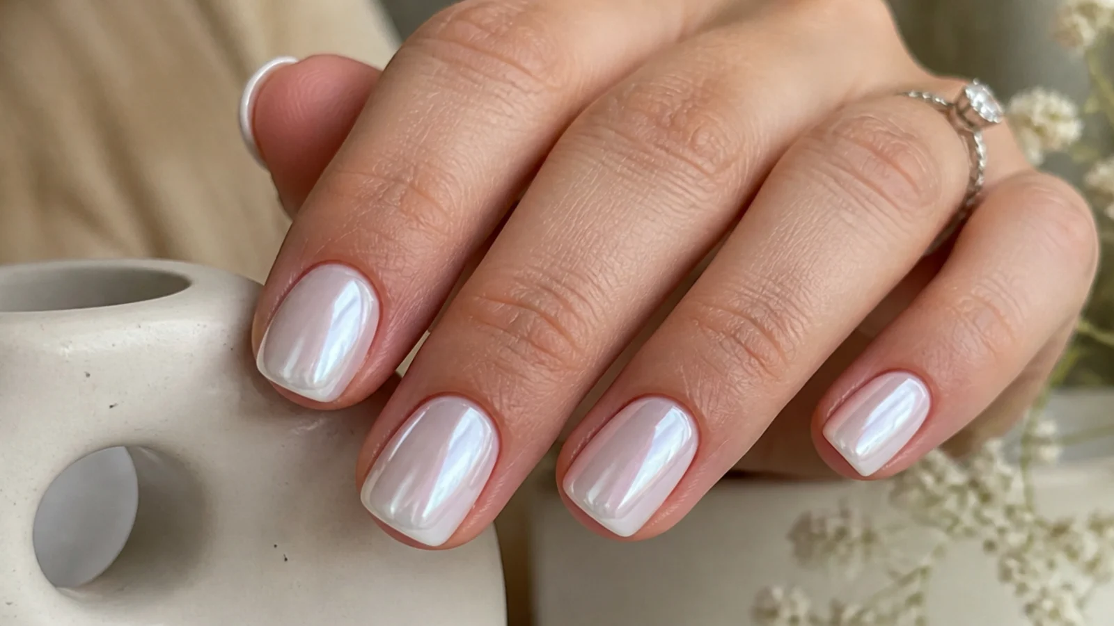 Short squoval milky white chrome nails with a neat pearl shine