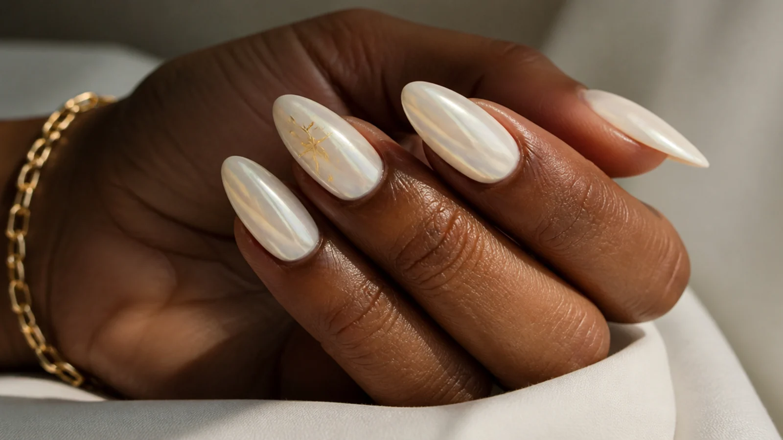 Warm milky vanilla white chrome nails flattering deeper skin tones