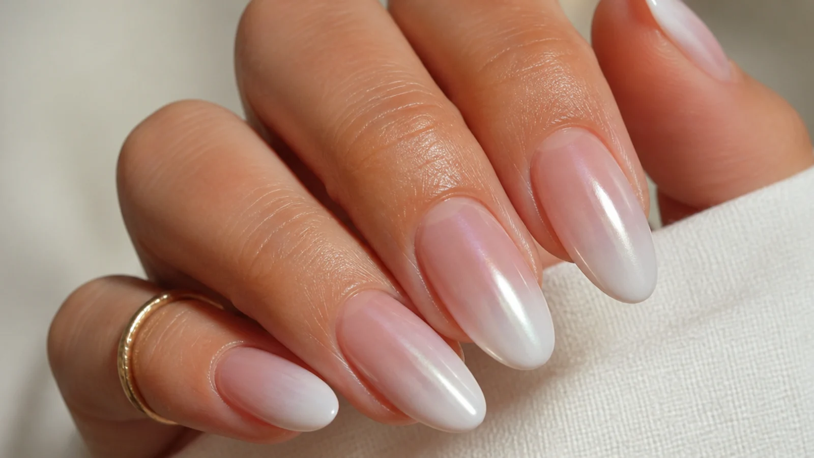 Milky white chrome ombre nails fading from clear cuticle to pearl tip