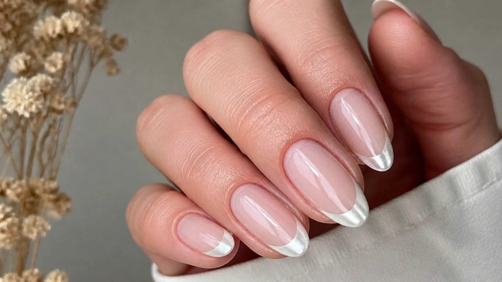 Nude milky white chrome nails with pearl chromed tips only