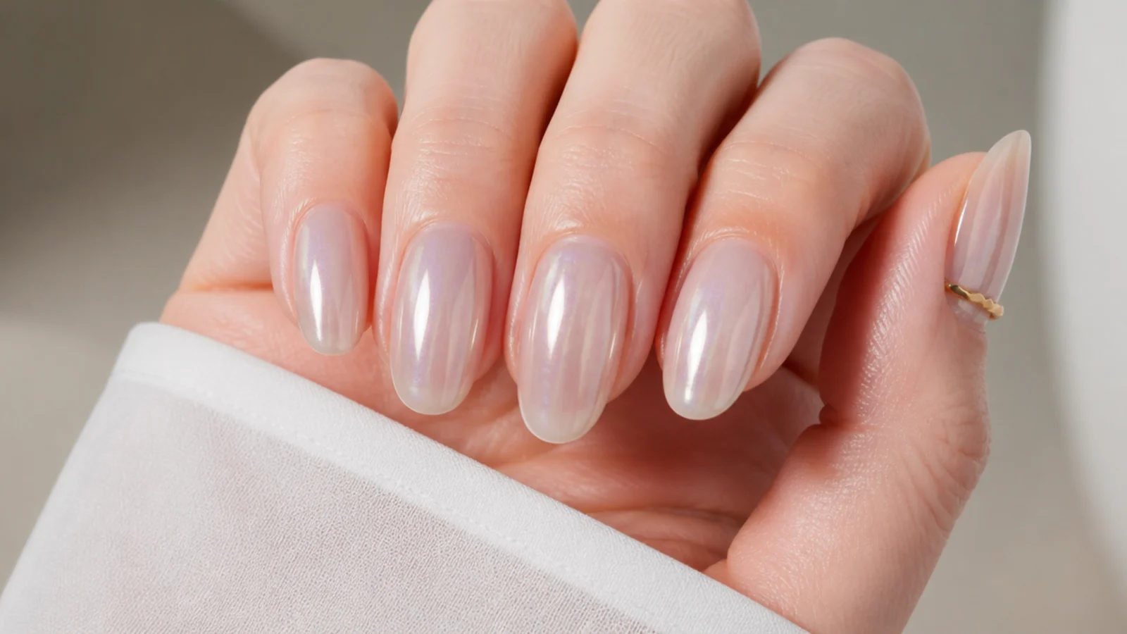 A sheer milky base with pearl chrome creating the glazed-donut glow