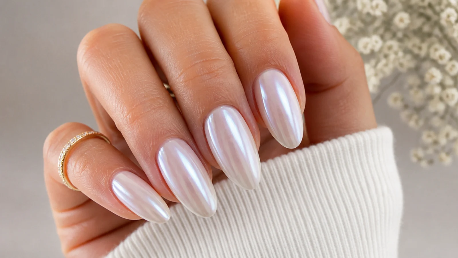 Milky white chrome nails with a soft pearl glazed-donut glow on almond shapes