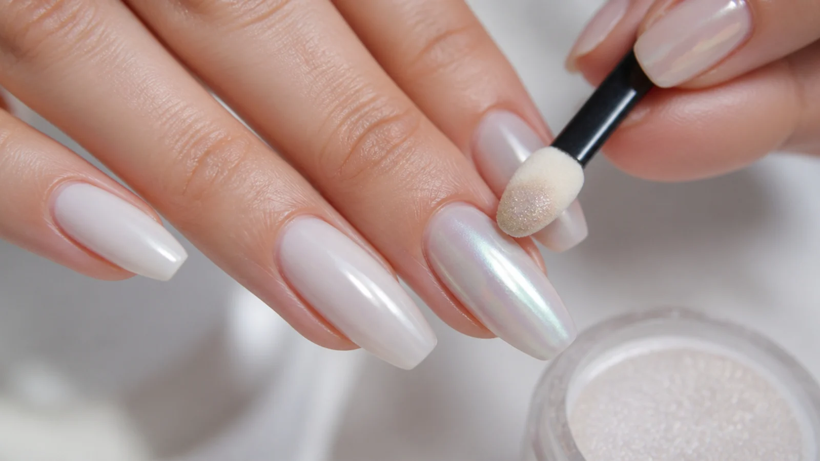 Chrome powder being buffed over a milky white gel nail to a glassy sheen