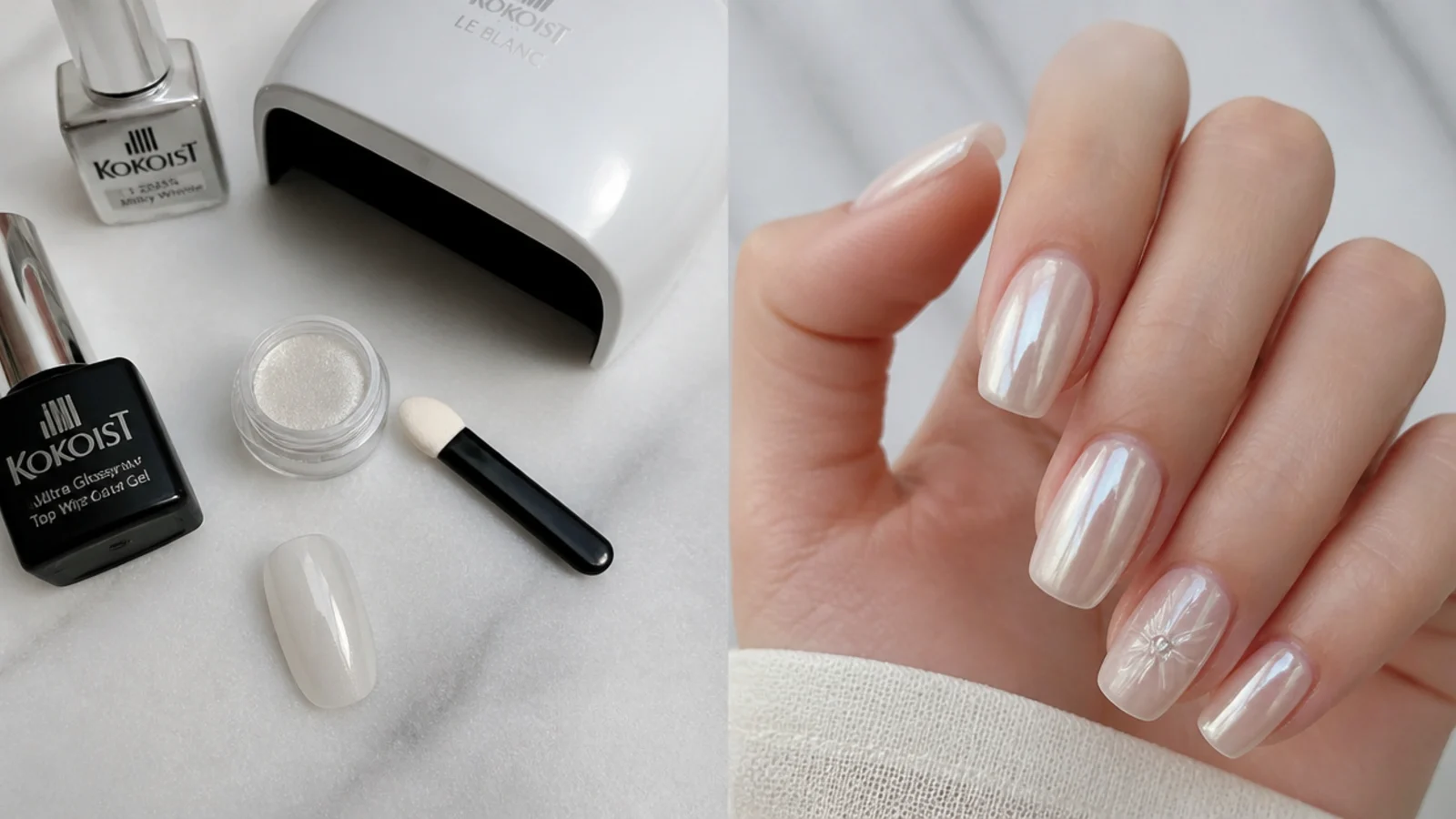 Flat lay of milky gel, chrome powder, applicator, lamp and no-wipe top coat