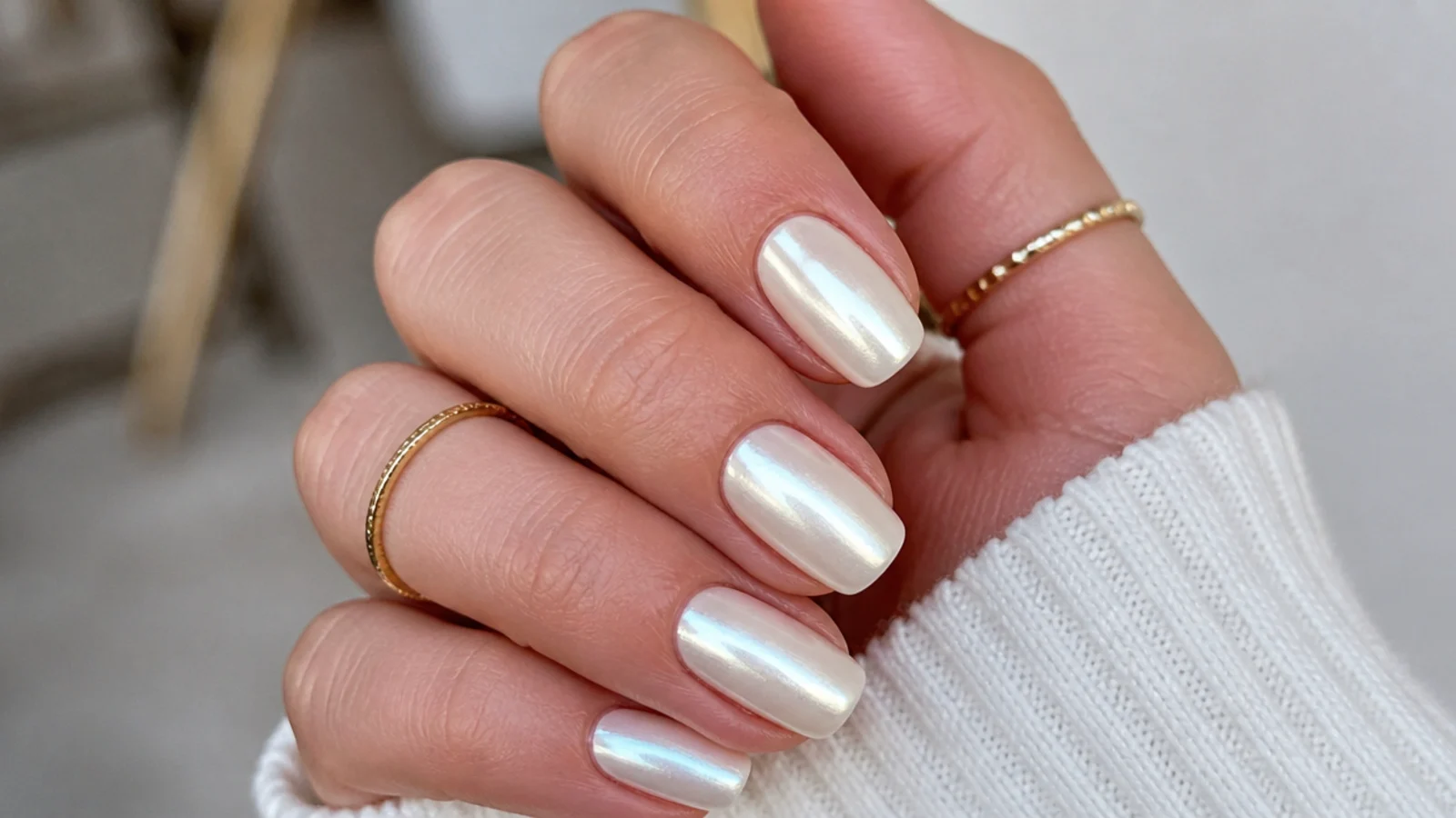 Warm cream off white chrome nails with a soft pearl glow on oval nails