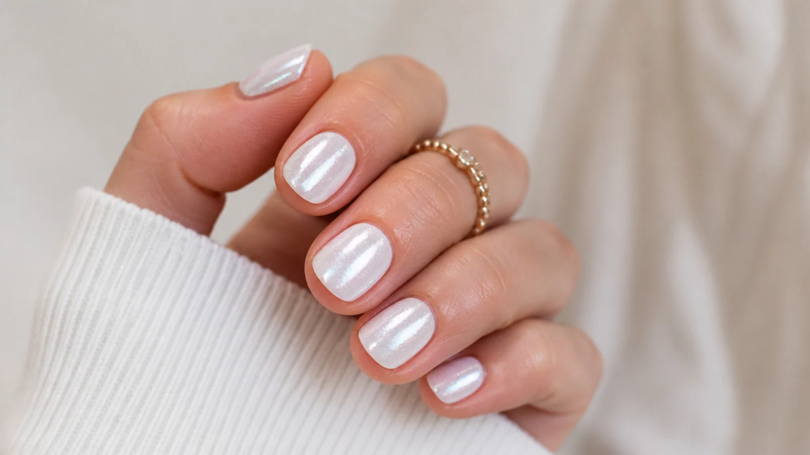Cool milky white chrome nails with a frosty pearl finish on short nails