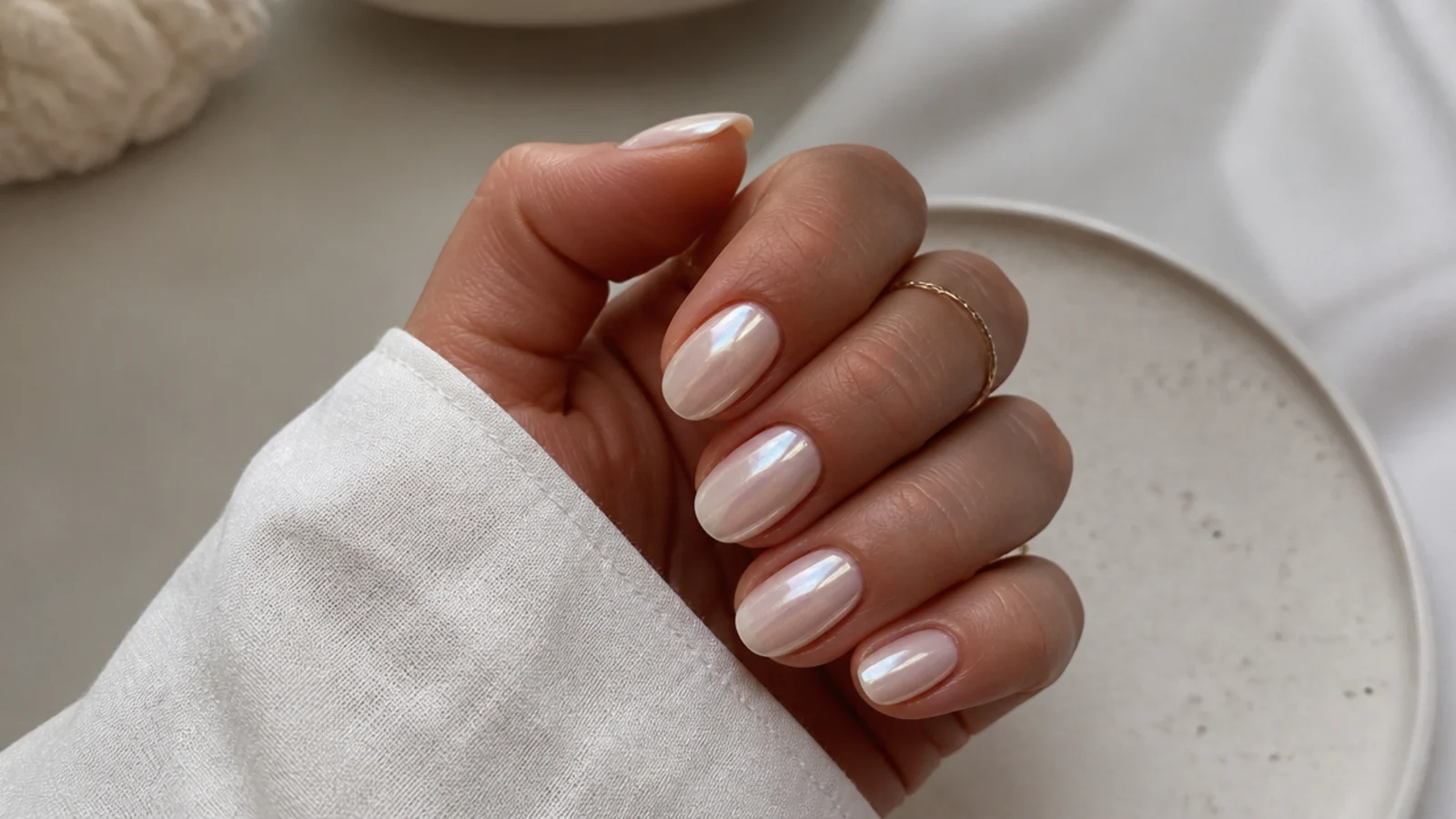 Short almond off white chrome nails with a soft milky pearl glow
