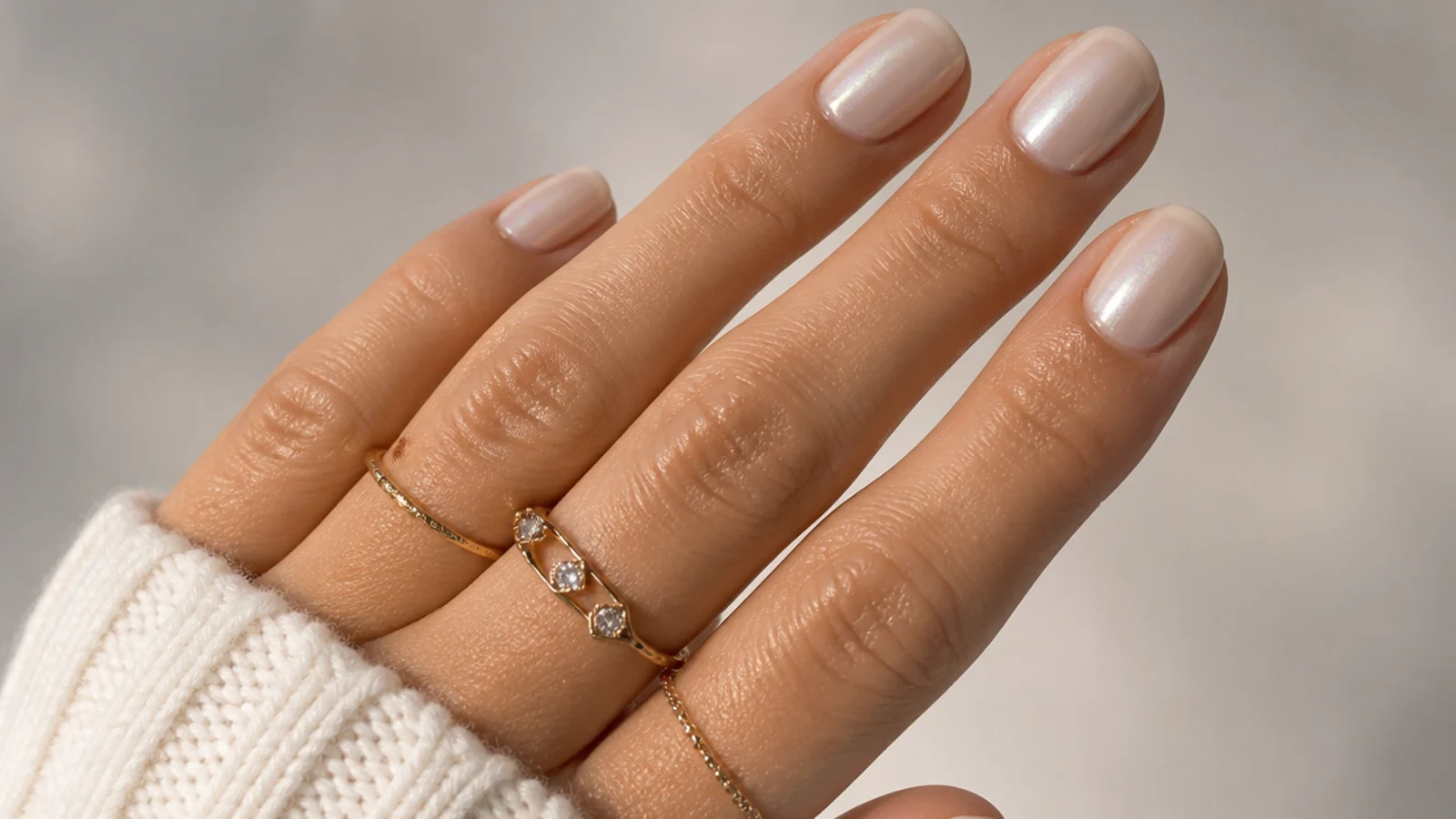 Barely-there sheer milky off white chrome nails on natural short nails