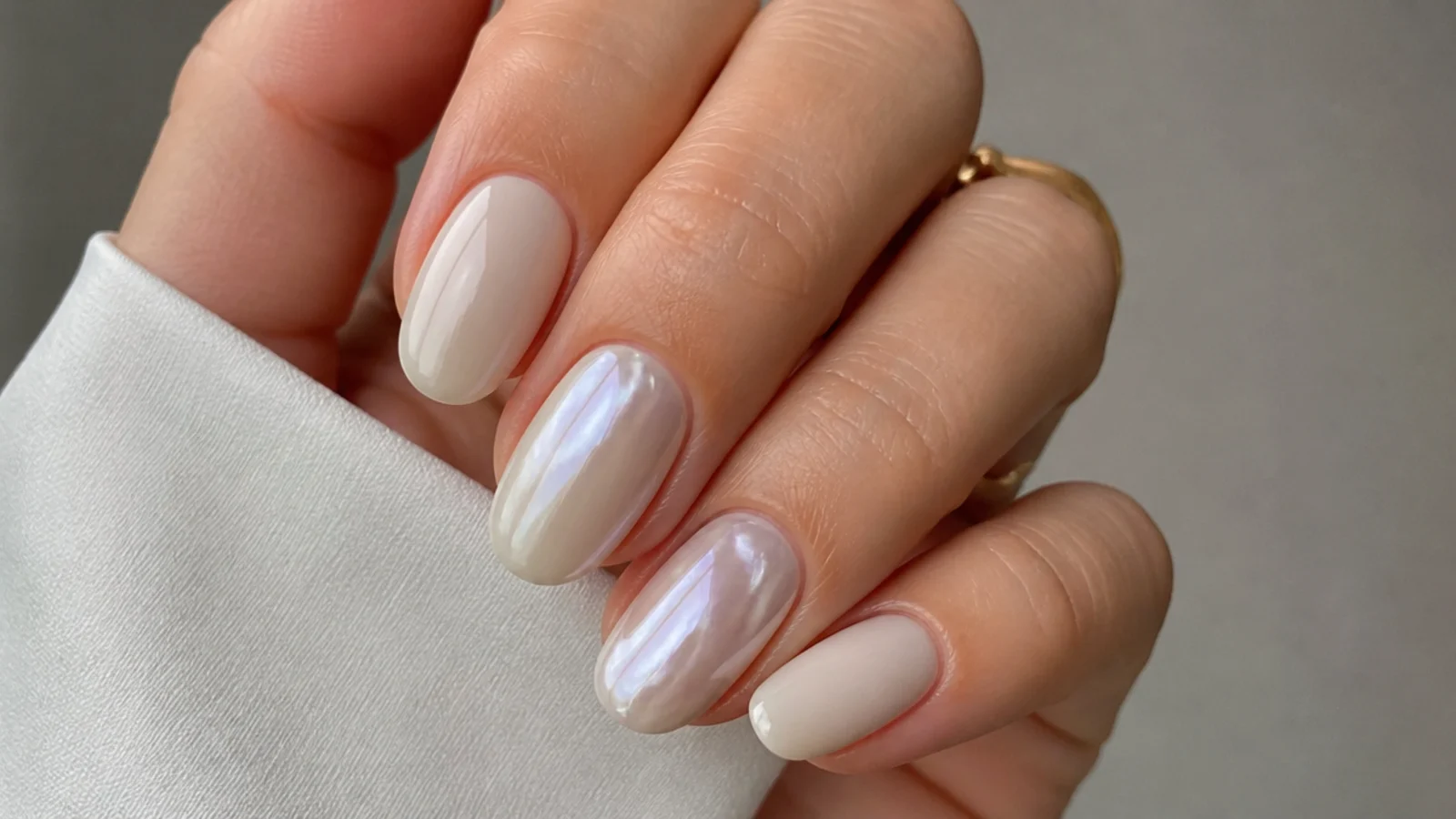 Nude off white chrome nails with milky chrome accent nails on two fingers